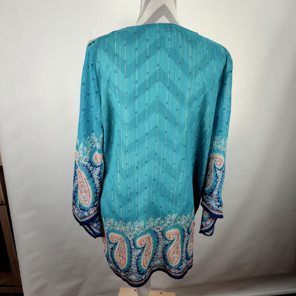 Chicos Faux Wrap Top Teal Paisley Flutter Sleeve Hi low Front to back Size 2 - Picture 6 of 10